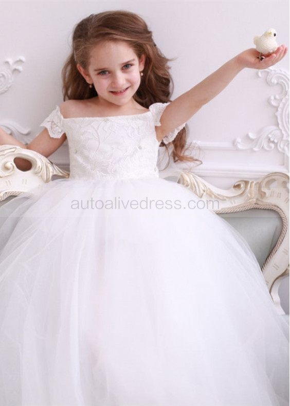 Beaded Off Shoulder Ivory Lace Tulle Flower Girl Dress